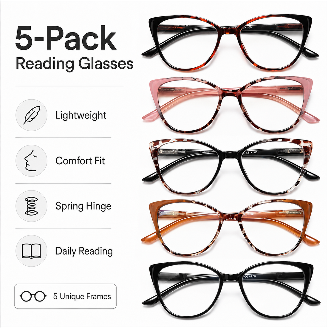5-Pack Fashion Cat-Eye Blue-Light Readers for Women - product photo 1