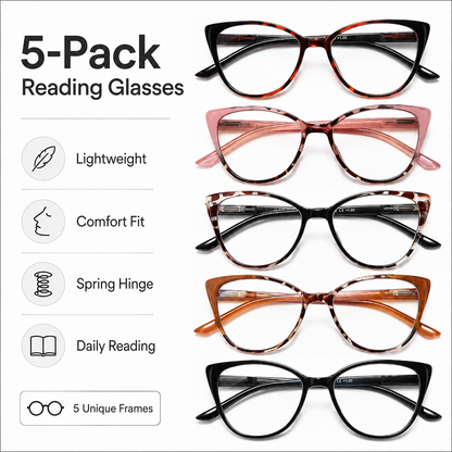 EYEURL Cat Eye Reading Glasses for Women – 5 Pack Blue Light Blocking Fashion Readers with Spring Hinges, Stylish Eyewear for Work and Daily Use