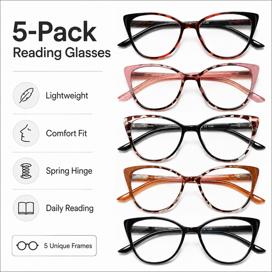 EYEURL Cat Eye Reading Glasses for Women – 5 Pack Blue Light Blocking Fashion Readers with Spring Hinges, Stylish Eyewear for Work and Daily Use