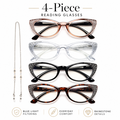 EYEURL Cat Eye Reading Glasses for Women – 4 Pack Blue Light Blocking Fashion Computer Readers with Spring Hinges, Anti-Glare Stylish Eyewear for Office and Daily Use