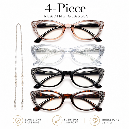 EYEURL Cat Eye Reading Glasses for Women – 4 Pack Blue Light Blocking Fashion Computer Readers with Spring Hinges, Anti-Glare Stylish Eyewear for Office and Daily Use