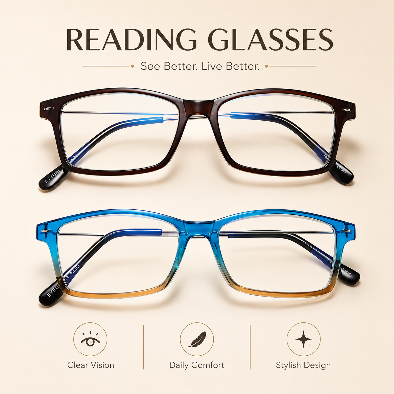 EYEURL Blue Light Blocking Reading Glasses Set of 2 Computer Readers Men and Women Lightweight Trendy Frame Choose Your Magnification +1.5