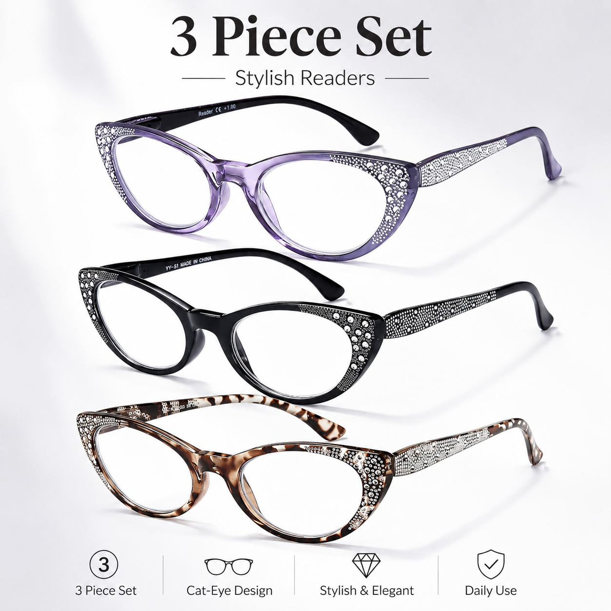 EYEURL Cat Eye Reading Glasses 3-Pack – Blue Light Blocking Computer Readers for Women, Rhinestone Frame Design, Anti UV & Anti Glare Eyeglasses Secondary image