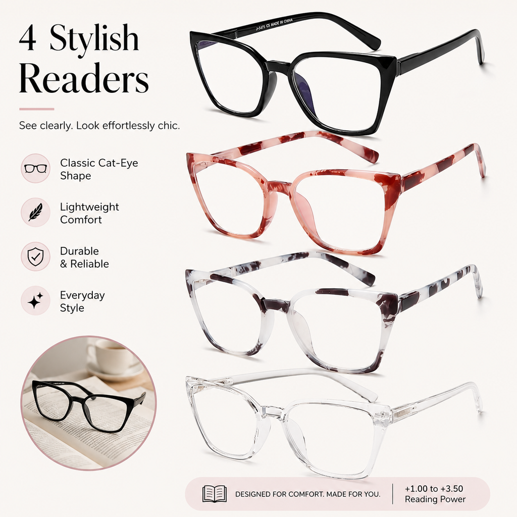 EYEURL 4-Pack Cat Eye Reading Glasses for Women – Fashion Blue Light Blocking Readers, Comfortable Ladies Computer Eyeglasses for Everyday Use