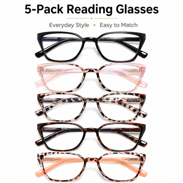 EYEURL 5-Pack Cat Eye Reading Glasses for Women – Fashionable Blue Light Blocking Reading Glasses with Square Frames, Spring Hinges & Magnification