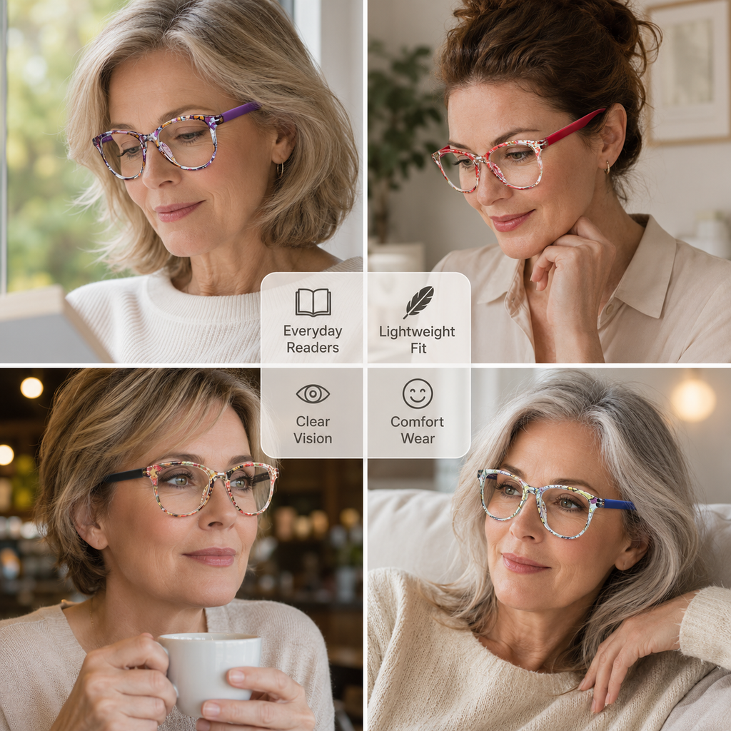 Fashion Cat Eye Reading Glasses for Women, 4-Pack Floral Pattern Readers with Spring Hinges, Lightweight Comfortable Frame, Anti Eyestrain Cheaters