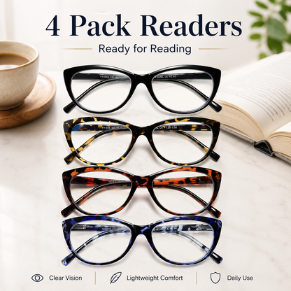 EYEURL 4 Pack Cat Eye Reading Glasses for Women – Stylish Blue Light Blocking Readers, Anti Eyestrain UV Protection Eyewear for Office and Home