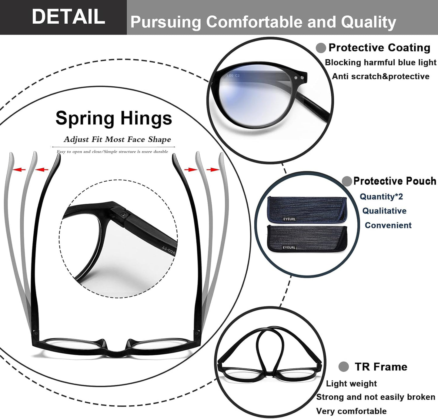 EYEURL 4-Pack Small Round Reading Glasses for Women Men Neck Hanging Blue Light Blocking Eyeglasses TR90 Readers for Women