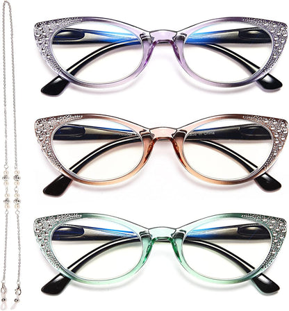 EYEURL Cat Eye Reading Glasses for Women - Blue Light Blocking 3 Pack Ladies Fashion Readers with Flexible Spring Hinges, Anti-Glare&UV Rays +1.50 Eyeglasses, Brown/Green/Purple