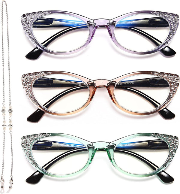EYEURL Cat Eye Reading Glasses for Women - Blue Light Blocking 3 Pack Ladies Fashion Readers with Flexible Spring Hinges, Anti-Glare&UV Rays +1.50 Eyeglasses, Brown/Green/Purple