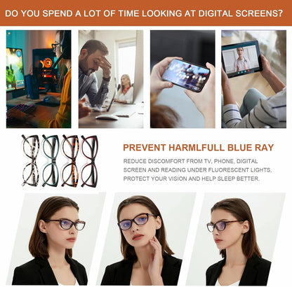 EYEURL Cat Eye Reading Glasses for Women – 4 Pack Blue Light Blocking Fashion Readers, Lightweight Spring Hinge Anti-UV Eyeglasses for Daily Use