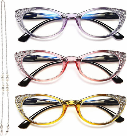 EYEURL Cat Eye Reading Glasses for Women - Blue Light Blocking 3 Pack Ladies Fashion Readers with Flexible Spring Hinges, Anti-Glare&UV Rays +1.50 Eyeglasses, Brown/Green/Purple