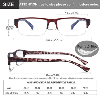 EYEURL 4-Pack Half Frame Reading Glasses for Women Blue Light Blocking Computer Readers for Men Lightweight Rectangle Semi Rimless Computer Glare/UV Half Frame Spring Hinge Eyeglasses,1.5