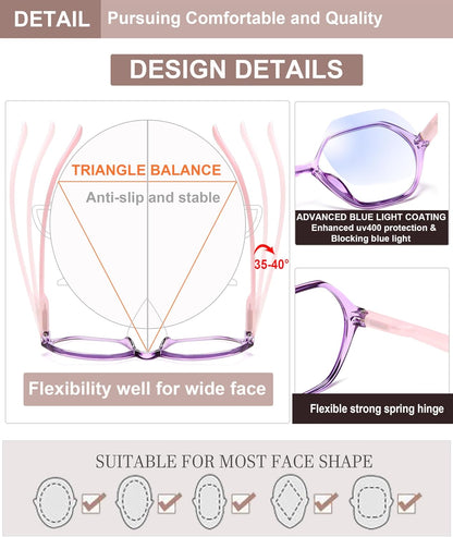 EYEURL Diamond Shaped Reading Glasses for Women – 4 Pack Blue Light Blocking Vintage Computer Readers with Spring Hinges, Anti-Glare Lightweight Eyewear