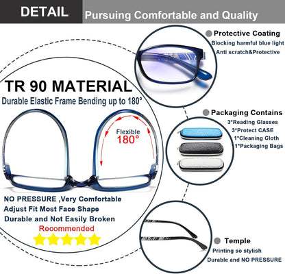 EYEURL Reading Glasses for Women-Blue Light Blocking For Men Women-3 Pack Computer Readers 0.0 Spring Hinge Anti UV Ray/Eye Strain/Glare Eyeglasses