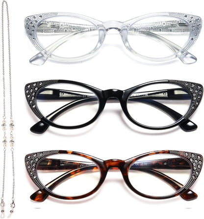 EYEURL Cat Eye Reading Glasses for Women - Blue Light Blocking 3 Pack Ladies Fashion Readers with Flexible Spring Hinges, Anti-Glare&UV Rays +1.50 Eyeglasses, Brown/Green/Purple