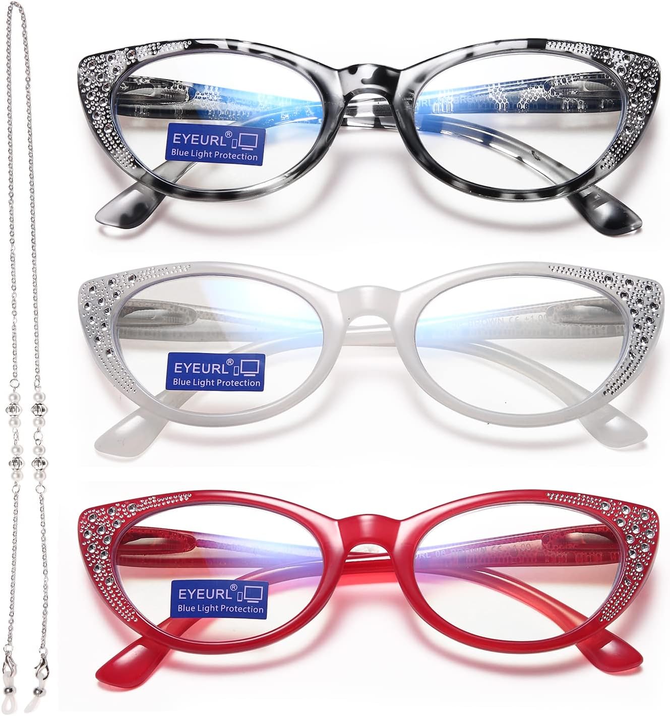 EYEURL Cat Eye Reading Glasses for Women - Blue Light Blocking 3 Pack Ladies Fashion Readers with Flexible Spring Hinges, Anti-Glare&UV Rays +1.50 Eyeglasses, Brown/Green/Purple