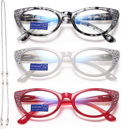 EYEURL Cat Eye Reading Glasses for Women - Blue Light Blocking 3 Pack Ladies Fashion Readers with Flexible Spring Hinges, Anti-Glare&UV Rays +1.50 Eyeglasses, Brown/Green/Purple