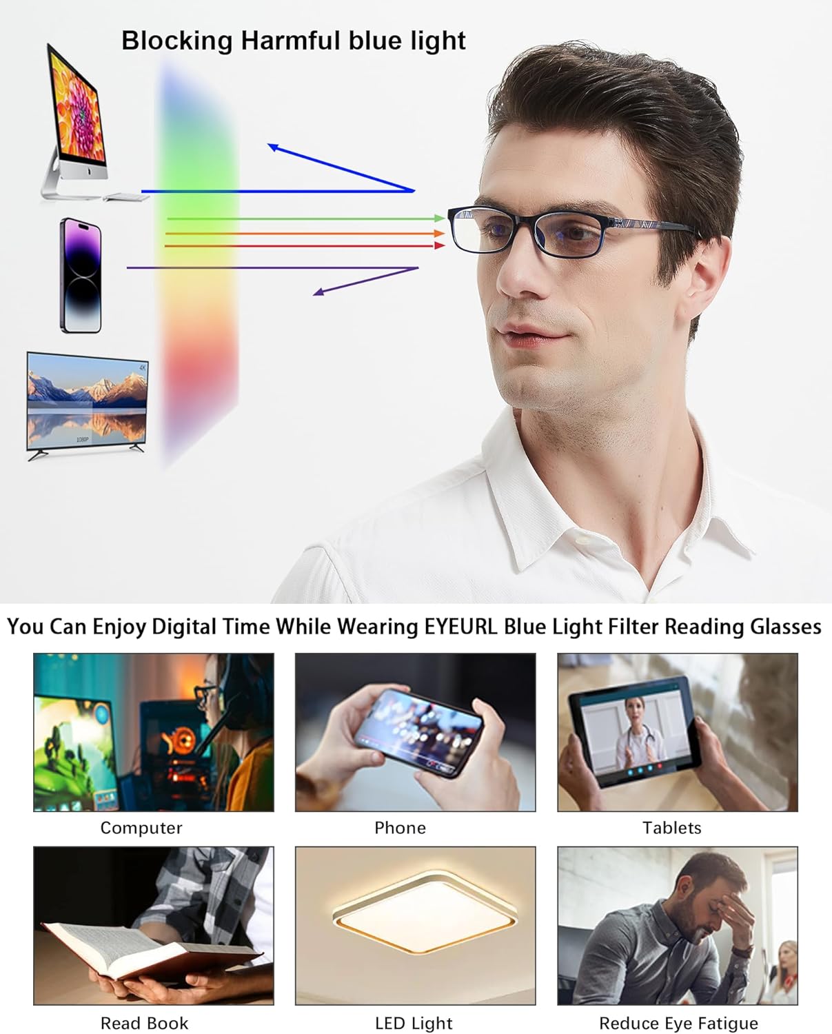 EYEURL Blue Light Blocking Readers for men Women - 2 Pair Ladies Computer Reading Glasses Blue Screen TR90 Rectangular Frames Nerd Eyeglasses