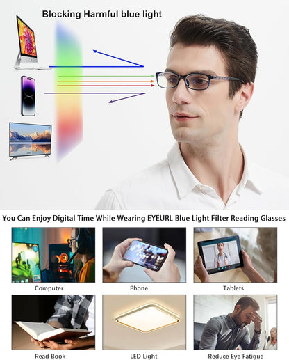 EYEURL Blue Light Blocking Readers for men Women - 2 Pair Ladies Computer Reading Glasses Blue Screen TR90 Rectangular Frames Nerd Eyeglasses