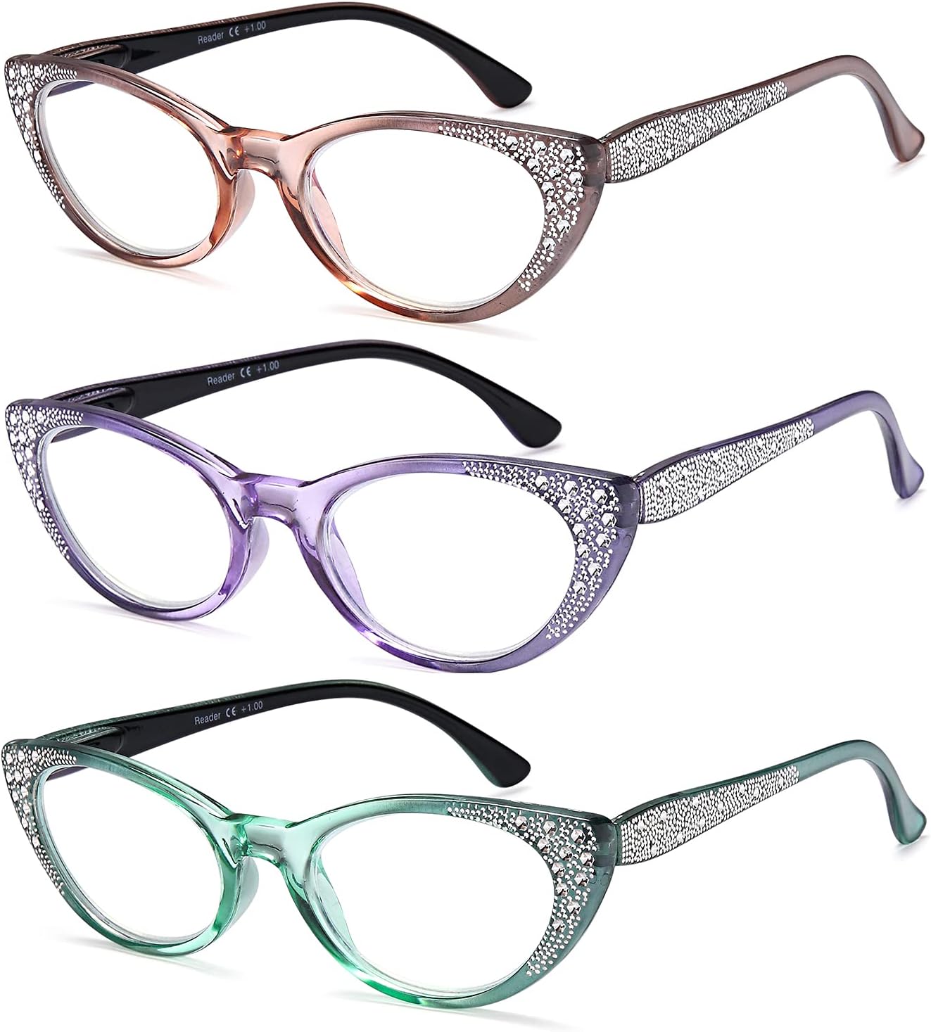 EYEURL Cat Eye Reading Glasses for Women - Blue Light Blocking 3 Pack Ladies Fashion Readers with Flexible Spring Hinges, Anti-Glare&UV Rays +1.50 Eyeglasses, Brown/Green/Purple Secondary image