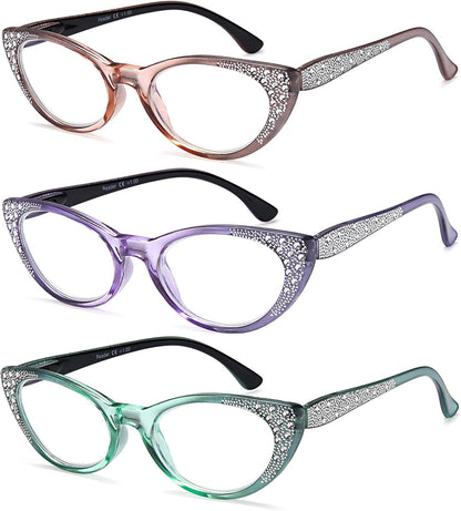 EYEURL Cat Eye Reading Glasses for Women - Blue Light Blocking 3 Pack Ladies Fashion Readers with Flexible Spring Hinges, Anti-Glare&UV Rays +1.50 Eyeglasses, Brown/Green/Purple
