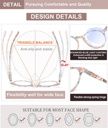 EYEURL Round Reading Glasses for Women 4-Pack Blue Light Glasses Colorful Round Computer Readers