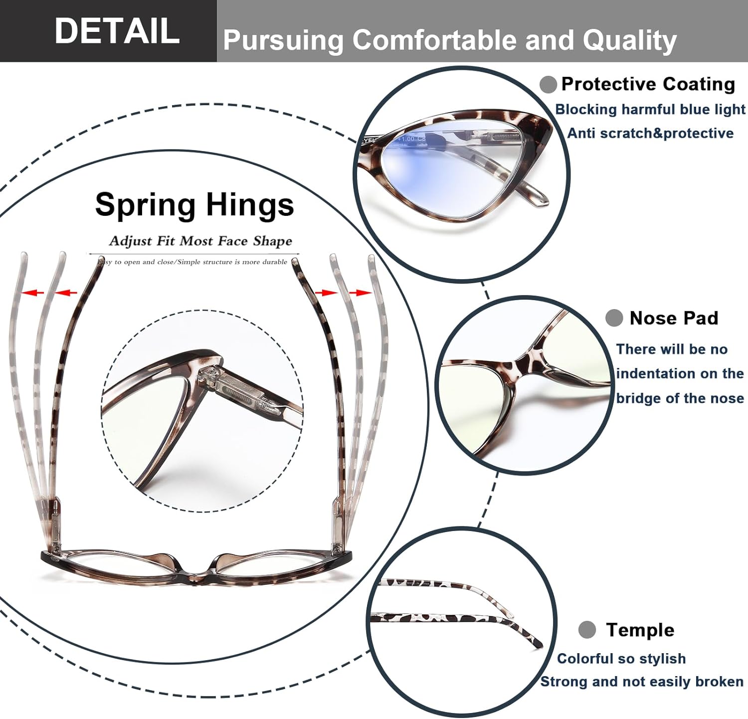 EYEURL 4-Pack Reading Glasses for Women, Fashion Cat Eye Blue Light Blocking Readers with Spring Hinges,1.50 Anti-Glare/UV Rays