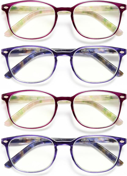 EYEURL Blue Light Blocking Reading Glasses Women, 4-Pack Spring Hinge Computer Readers,Anti UV Ray Square Nerd Eyeglasses +3.00