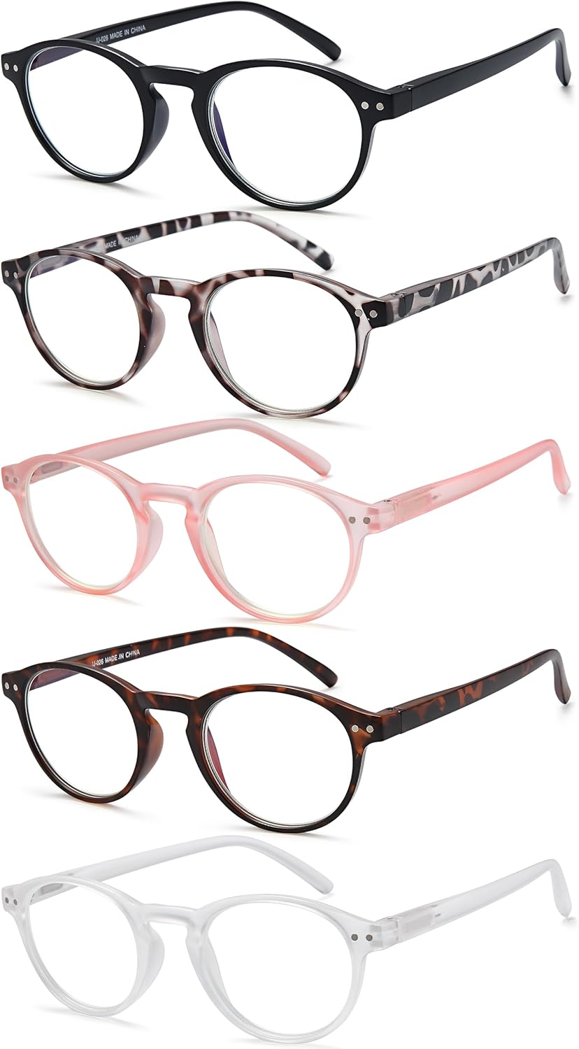 EYEURL 4-Pack Small Round Reading Glasses for Women Men Neck Hanging Blue Light Blocking Eyeglasses TR90 Readers for Women