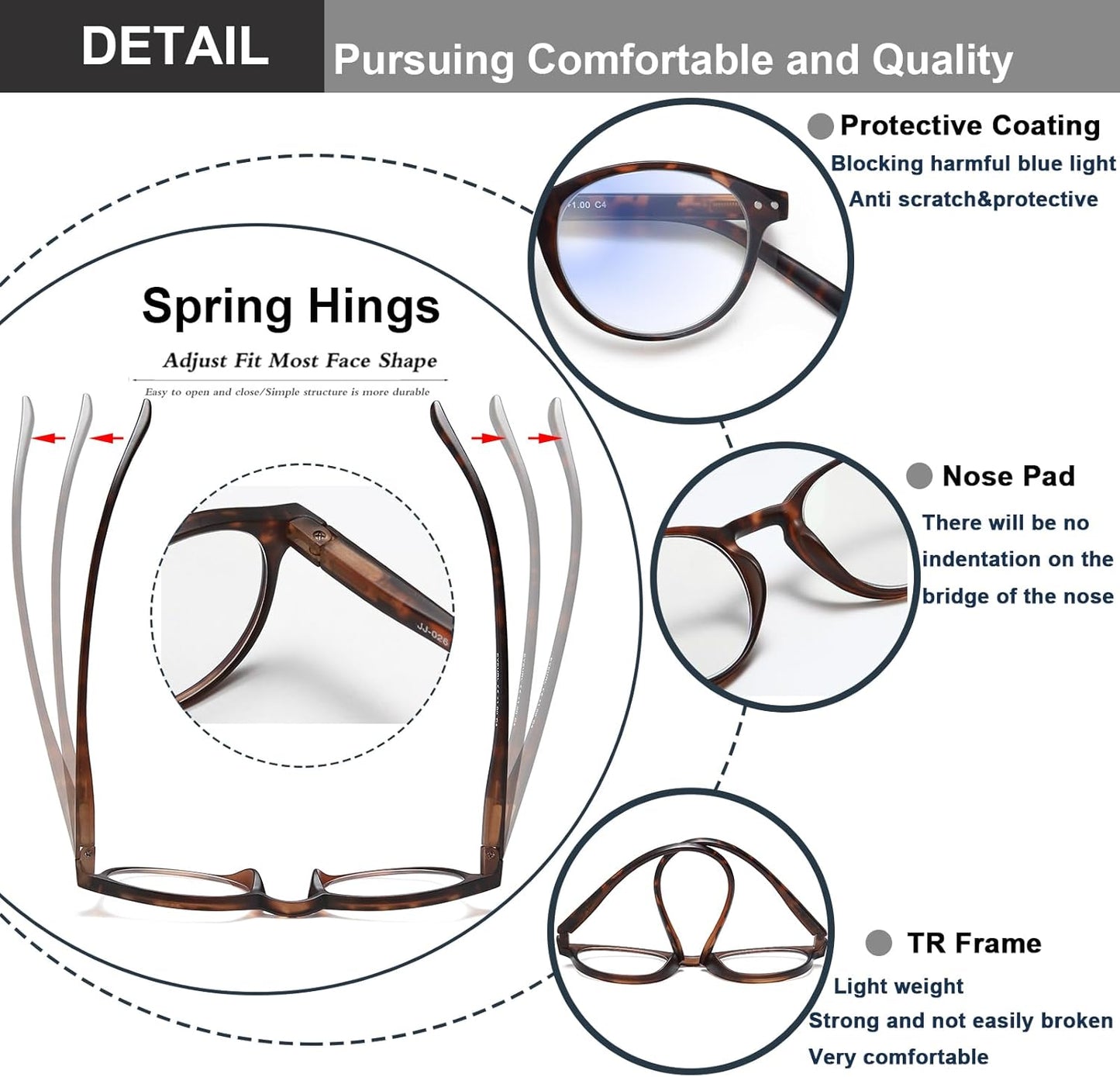 EYEURL 4-Pack Small Round Reading Glasses for Women Men Neck Hanging Blue Light Blocking Eyeglasses TR90 Readers for Women