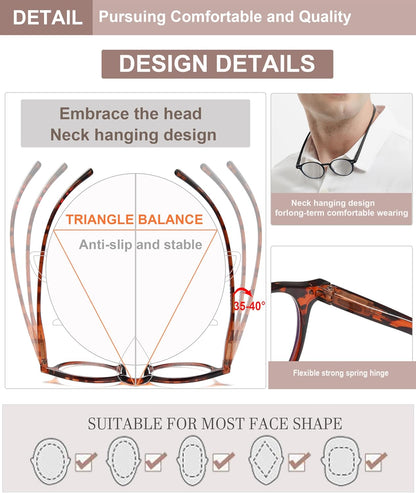 EYEURL 4-Pack Round Reading Glasses for Women Men Neck Hanging Small Blue Light Glasses Retro Round Computer Glasses With Spring Hinges TR90 Lightweight Readers for Women 3.0
