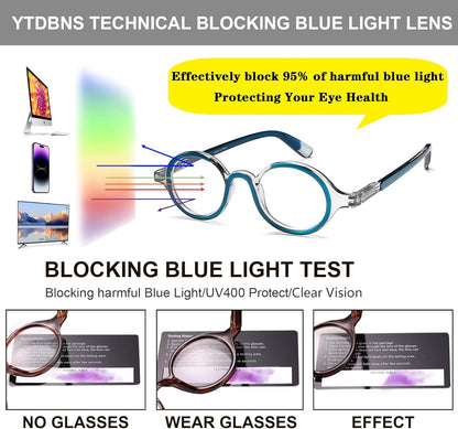 Unisex Retro Round Reading Glasses – Fashion Color Frame Blue Light Blocking Readers, Spring Hinges for Comfort and Eye Protection