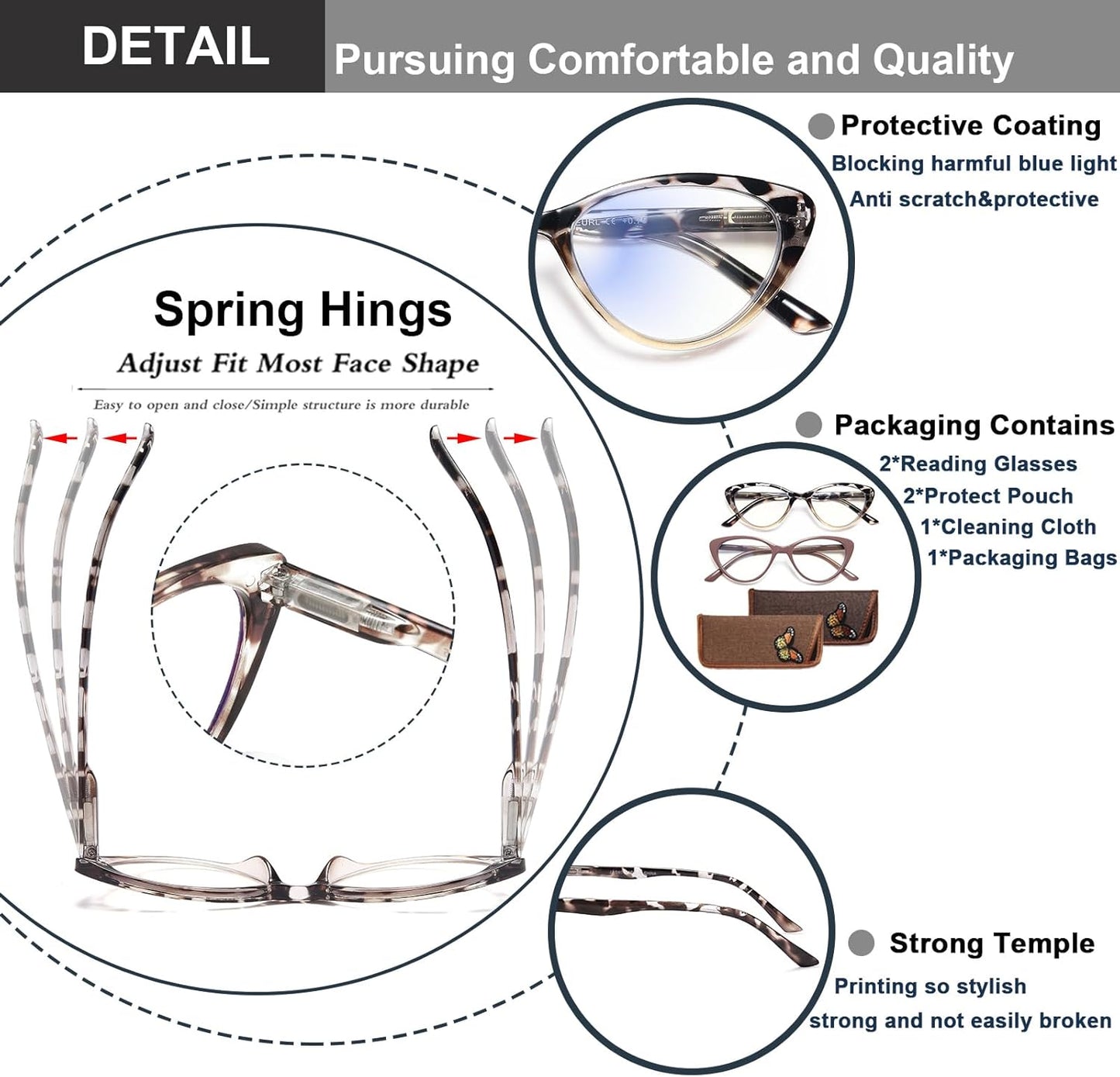 EYEURL Stylish Cat Eye Reading Glasses for Women – 2 Pack Blue Light Blocking Readers, Comfortable Spring Hinge Design
