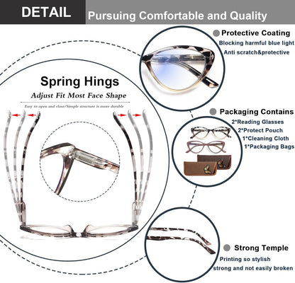 EYEURL Stylish Cat Eye Reading Glasses for Women – 2 Pack Blue Light Blocking Readers, Comfortable Spring Hinge Design