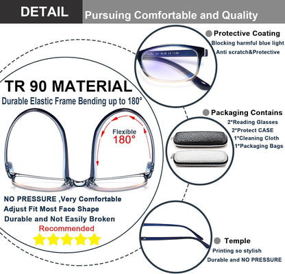 EYEURL 2 Pack Reading Glasses for Women Men, Blue Light Blocking Lightweight TR90 Readers Filter Glare/UV Rays/Eyestrain, 0.00