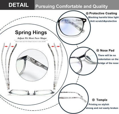 EYEURL Blue Light Blocking Reading Glasses Women, 4-Pack Spring Hinge Computer Readers,Anti UV Ray Square Nerd Eyeglasses +3.00