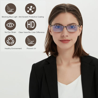 EYEURL Fashion Half Frame Reading Glasses – 4 Pack Blue Light Blocking Rectangle Semi-Rimless Eyeglasses for Men and Women with Spring Hinges