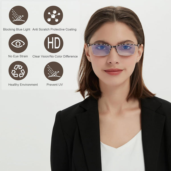 EYEURL Fashion Half Frame Reading Glasses – 4 Pack Blue Light Blocking Rectangle Semi-Rimless Eyeglasses for Men and Women with Spring Hinges