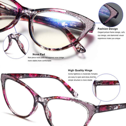 Cat Eye Reading Glasses for Women, Eyeglasses, Blue Light Readers for Women, Computer Eye Glasses, Cheaters, Stylish Glitter Frame for All Face Shapes