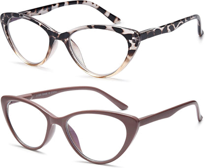 EYEURL Stylish Cat Eye Reading Glasses for Women – 2 Pack Blue Light Blocking Readers, Comfortable Spring Hinge Design