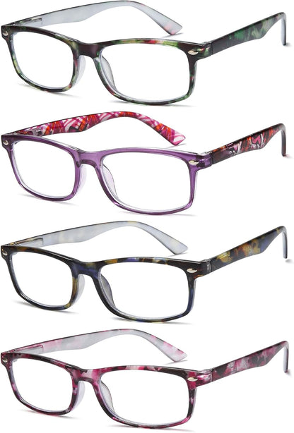 Reading Glasses for Women, 4 pack Fashion Readers for Women Men Spring Hinge Eye Glasses, Blue Light Reading Glasses