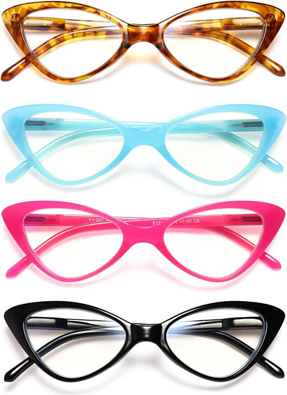 EYEURL 4-Pack Reading Glasses for Women, Fashion Cat Eye Blue Light Blocking Readers with Spring Hinges,1.50 Anti-Glare/UV Rays