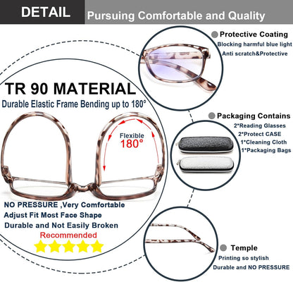 EYEURL TR90 Frame Reading Glasses for Women – 2 Pack Lightweight Blue Light Blocking Readers, Anti Eyestrain Comfortable Eyewear