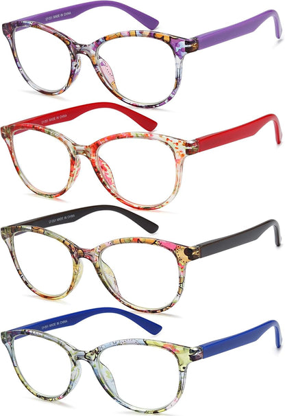 Fashion Cat Eye Reading Glasses for Women, 4-Pack Floral Pattern Readers with Spring Hinges, Lightweight Comfortable Frame, Anti Eyestrain Cheaters
