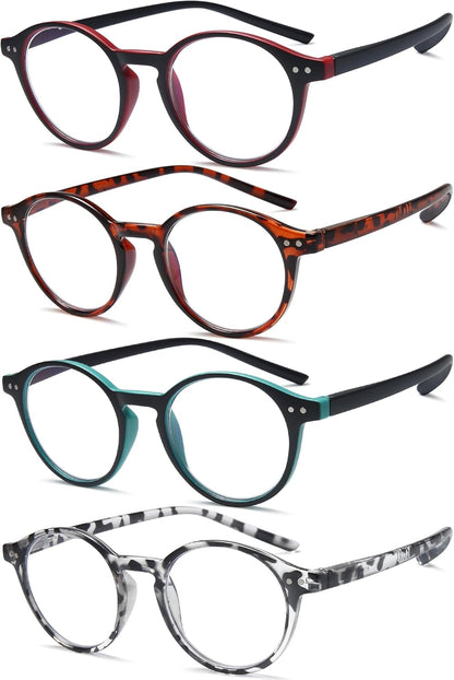 EYEURL 4-Pack Round Reading Glasses for Women Men Neck Hanging Small Blue Light Glasses Retro Round Computer Glasses With Spring Hinges TR90 Lightweight Readers for Women 3.0