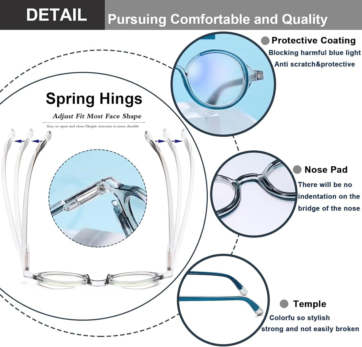Unisex Retro Round Reading Glasses – Fashion Color Frame Blue Light Blocking Readers, Spring Hinges for Comfort and Eye Protection