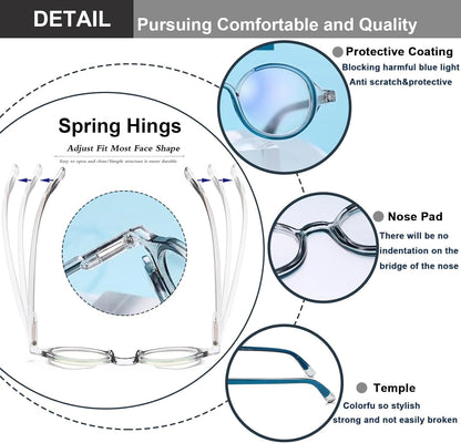 Unisex Retro Round Reading Glasses – Fashion Color Frame Blue Light Blocking Readers, Spring Hinges for Comfort and Eye Protection