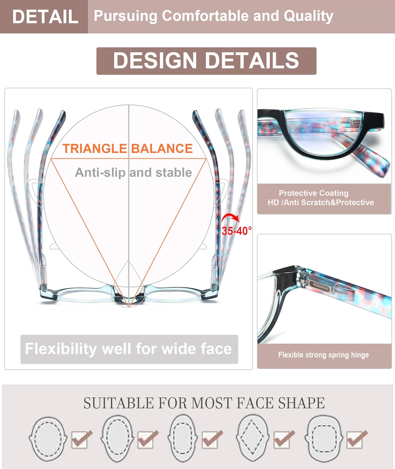 EYEURL Blue Light Blocking Reading Glasses for Women – 4 Pack Fashion Half Frame Computer Readers with Spring Hinges, Anti-UV Ray Eyewear for Work and Home