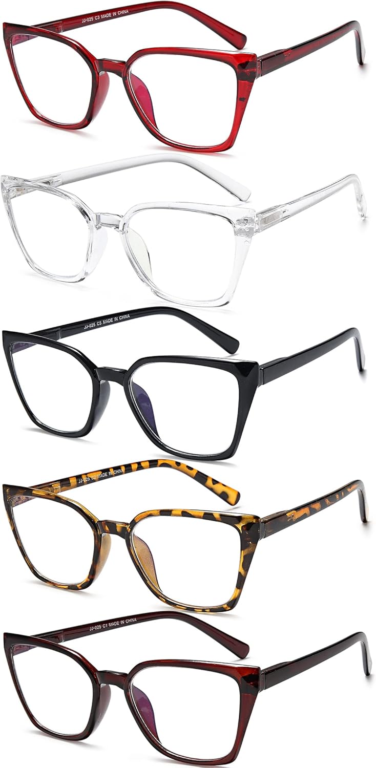 EYEURL 5-Pack Cat Eye Reading Glasses for Women – Blue Light Blocking Readers with Fashion Square Frames and Spring Hinges